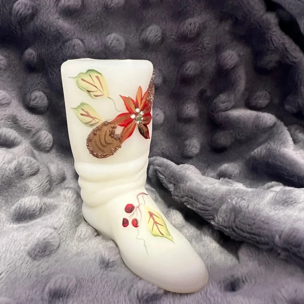 Fenton Art Glass Hand Painted Boot Poinsettia Leaf Signed J Powell 3
